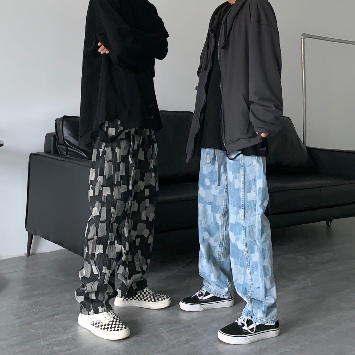 Men Jeans Straight Wide-Leg Pants Casual Loose Hip Hop Washed Denim Trousers
