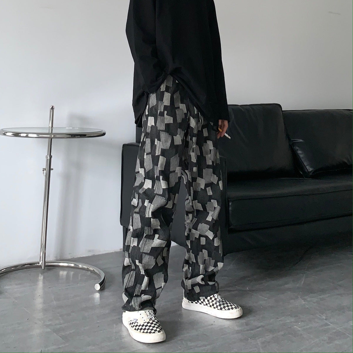 Men Jeans Straight Wide-Leg Pants Casual Loose Washed-out Denim Trousers