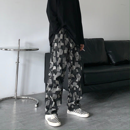 Men Jeans Straight Wide-Leg Pants Casual Loose Hip Hop Washed Denim Trousers