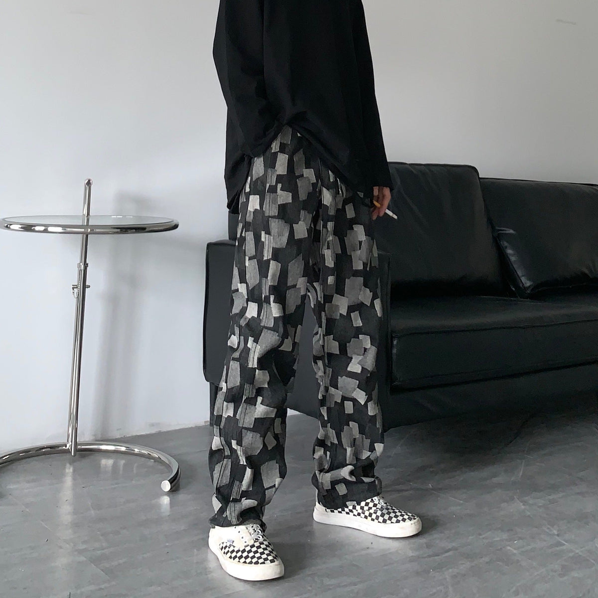 Men Jeans Straight Wide-Leg Pants Casual Loose Hip Hop Washed Denim Trousers