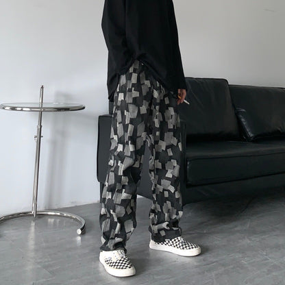 Men Jeans Straight Wide-Leg Pants Casual Loose Hip Hop Washed Denim Trousers