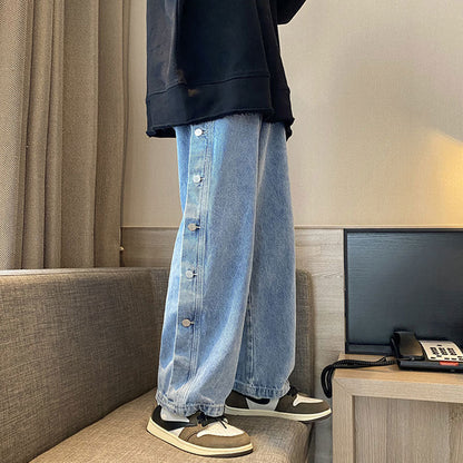 Men Jeans Casual Wide-Leg Pants Loose Breasted Trousers