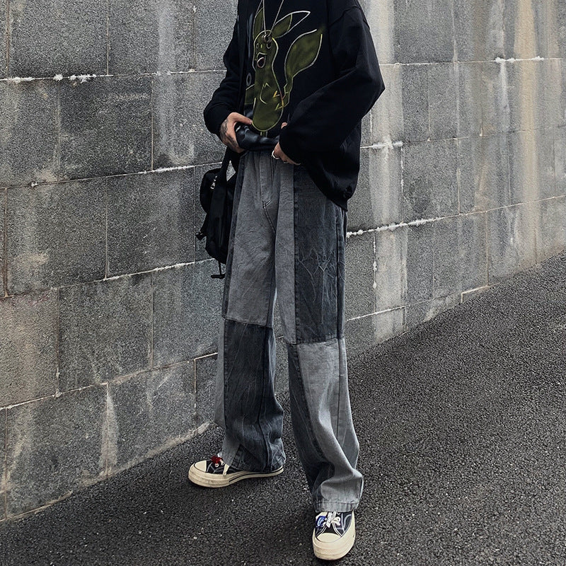 Men Jeans Washed Old Baggy Straight Trousers Tie-Dye Denim Trousers