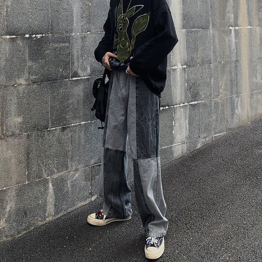 Men Jeans Washed Old Baggy Straight Trousers Tie-Dye Denim Trousers