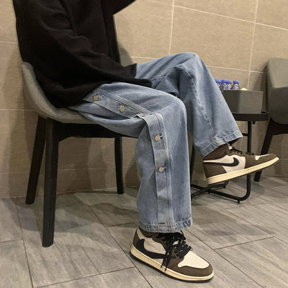 Men Jeans Loose Hong Kong Style Breasted Denim Trousers Straight Wide Leg Pants