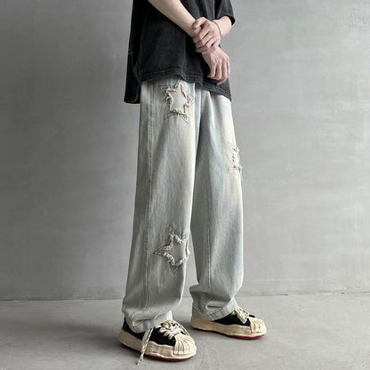 Men Jeans Five-Pointed Star Summer Washed-out Vintage Wide Leg Denim Trousers