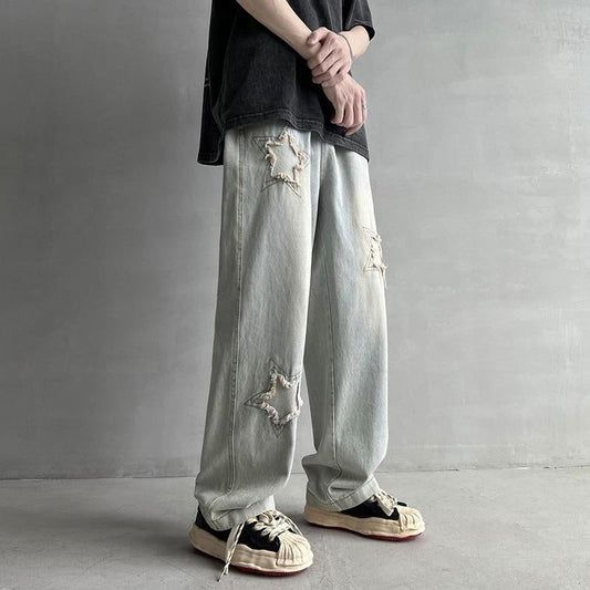 Men Jeans Five-Pointed Star Summer Washed-out Vintage Wide Leg Denim Trousers