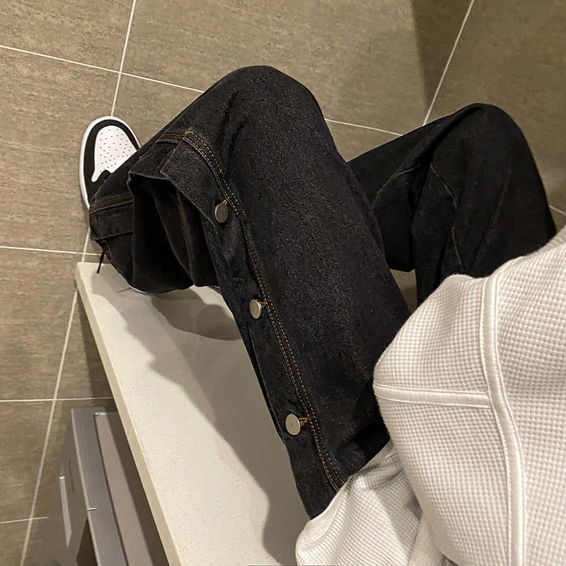 Men Jeans Loose Hong Kong Style Breasted Denim Trousers Straight Wide Leg Pants