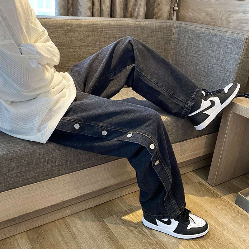 Men Jeans Loose Hong Kong Style Breasted Denim Trousers Straight Wide Leg Pants