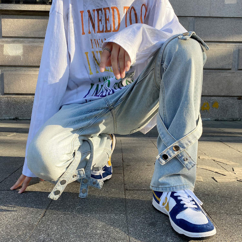 Men Jeans Spring and Autumn Straight Loose Hiphop Bandage Vibe Jeans