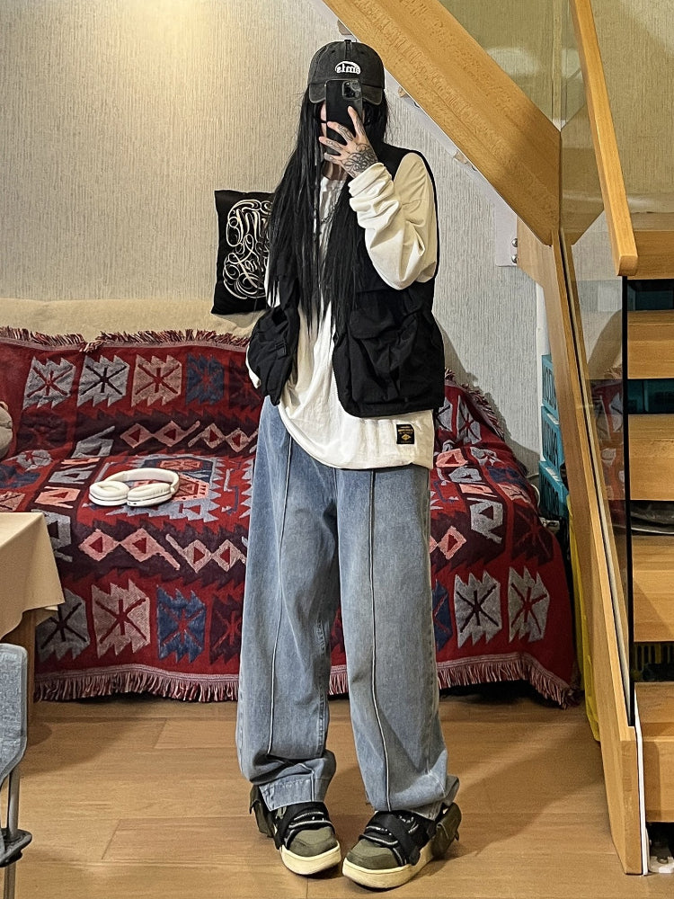 Men Jeans Vintage Jeans Men's Straight Loose Oversize Wide Leg Pants