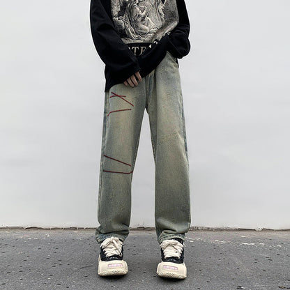 Men Jeans Washed Jeans Men's Winter Retro Straight-Leg Pants