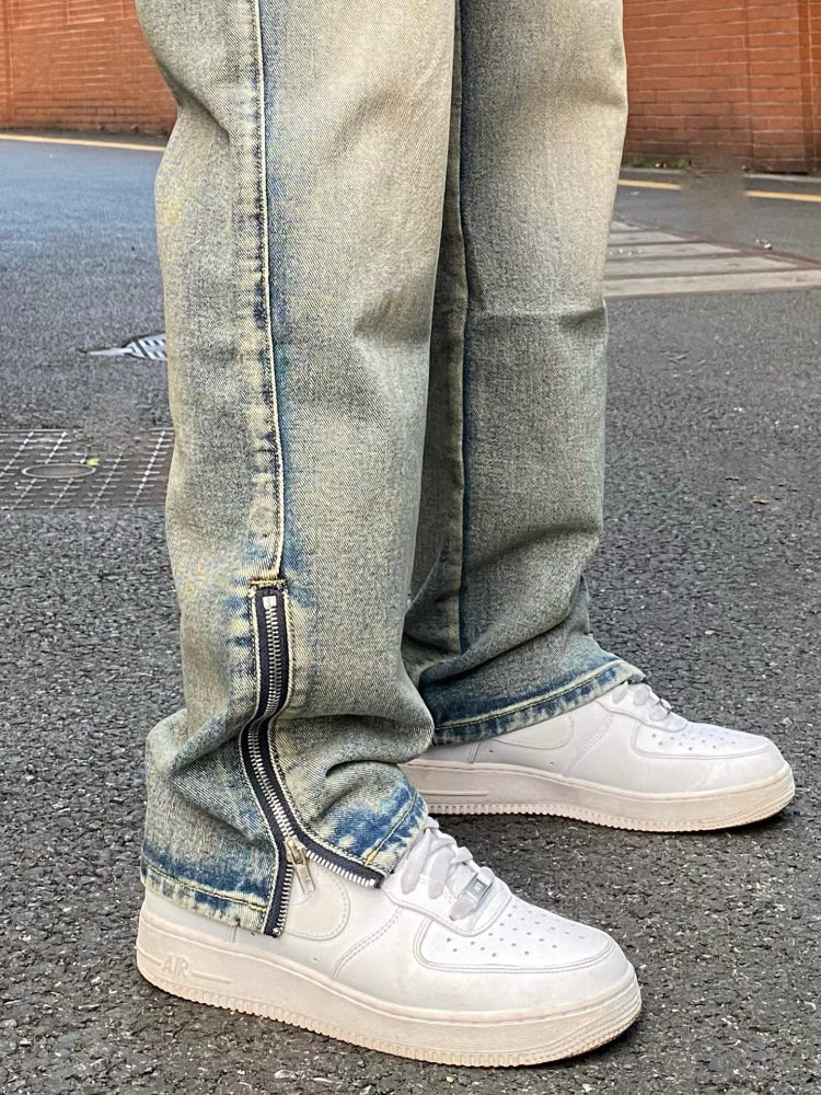 Men Jeans Washed Zipper Jeans Spring and Autumn Vintage Casual Loose Trousers