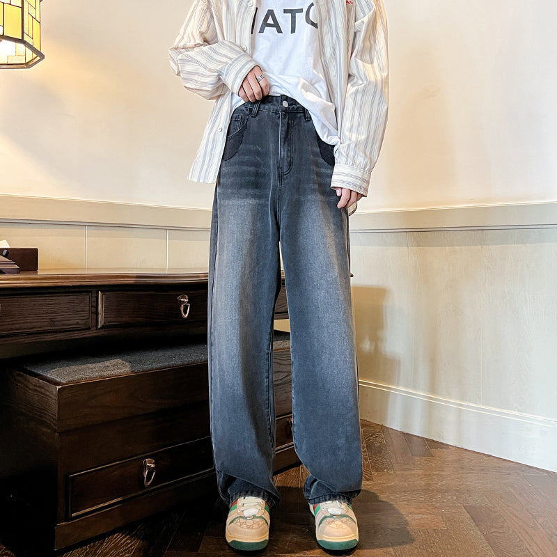 Men Jeans Washed-out Vintage Jeans Autumn Loose Casual Wide-Leg Straight Pants