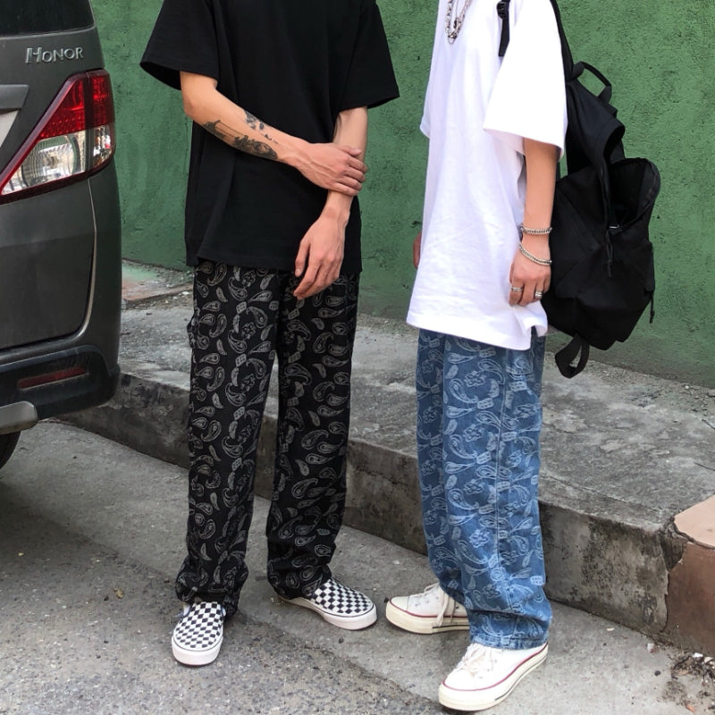Men Jeans Embroidered Paisley Jeans Loose Retro Trousers