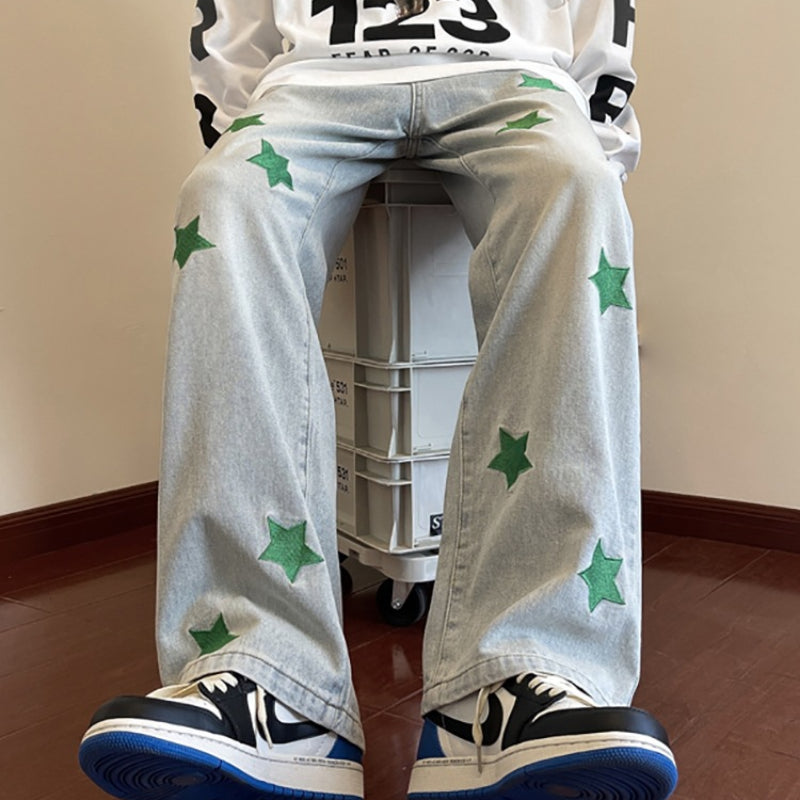 Men Jeans XINGX Embroidered Jeans Men's Loose Hiphop Straight-Leg Pants