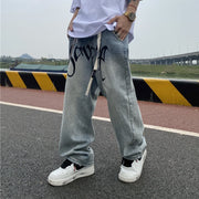 Men Jeans Bell-Bottom Pants Loose Straight Letter Vintage Print Jeans