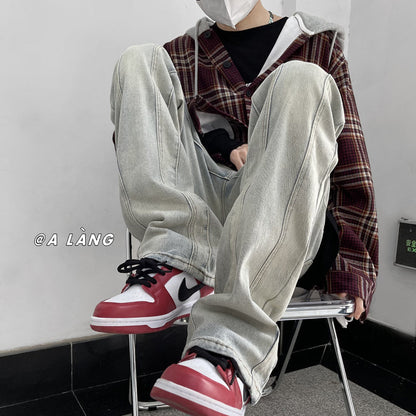 Men Jeans Loose Straight Hiphop Draping Rivet Overalls