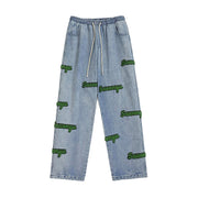 Men Jeans Flocking Embroidered Jeans Men's Spring and Autumn Loose Straight-Leg Wide-Leg Pants
