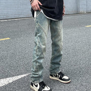 Men Jeans Washed Distressed Stitching Jeans Loose Straight Trousers