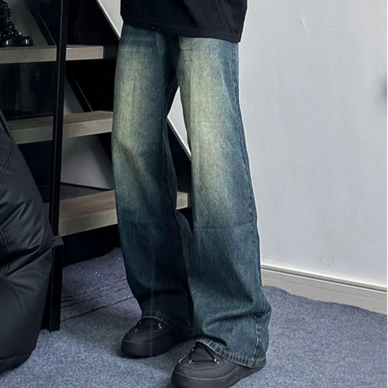 Men Jeans Dark Blue Vintage Jeans Straight Wide Leg Pants