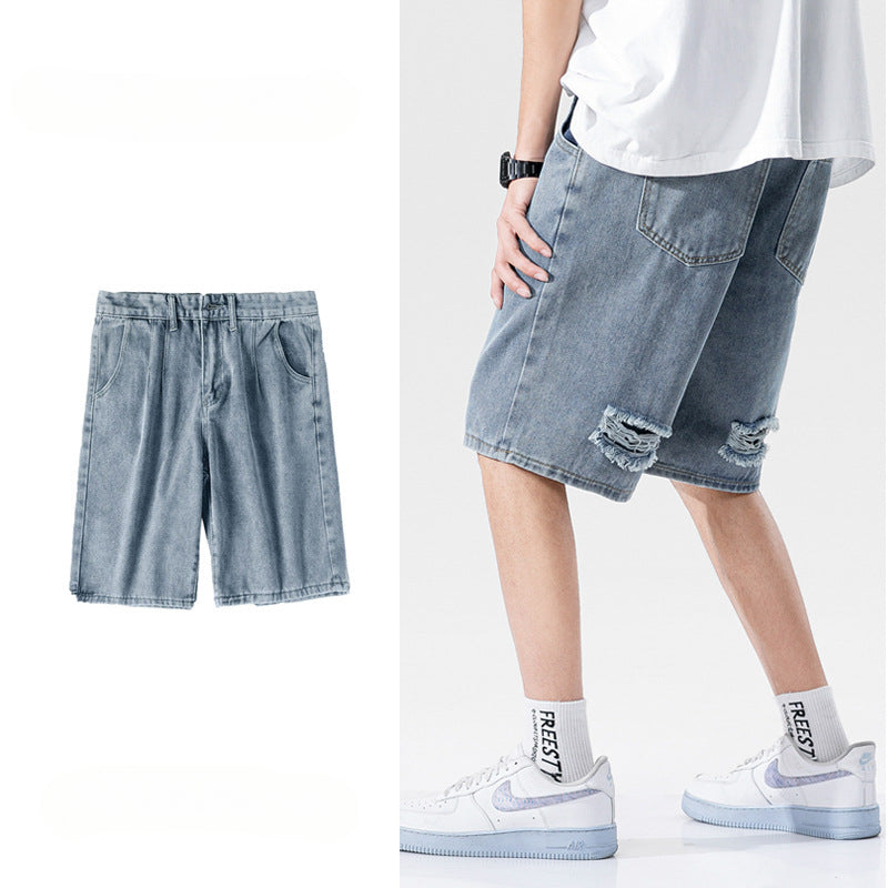Men Jeans Shorts Straight Loose Summer Ripped Shorts