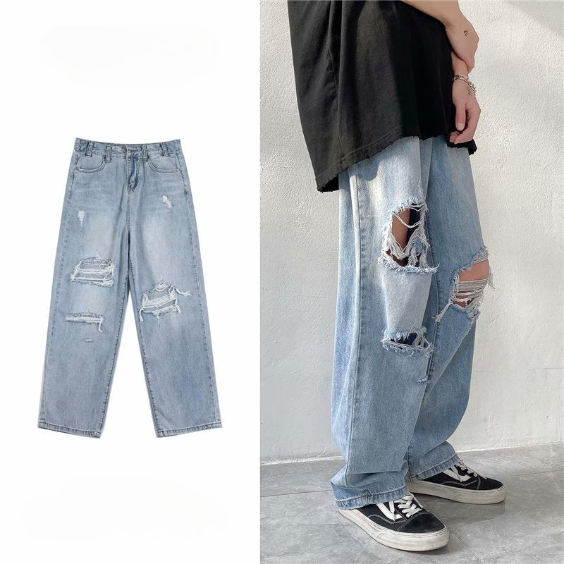 Men Jeans Ripped Jeans Hip Hop Summer Straight-Leg Pants