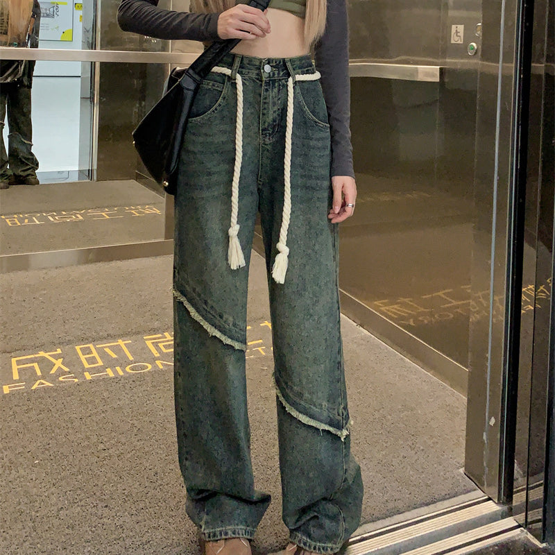 Men Jeans Vintage Jeans Loose High Waist Straight Wide Leg Pants