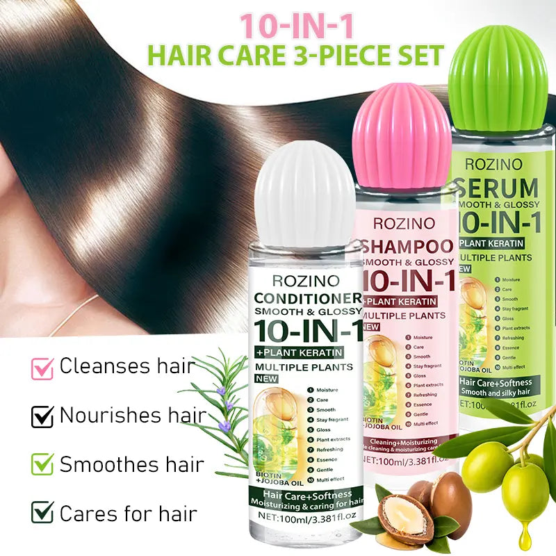 ROZINO 10-in-1 Hair Care Set - Shampoo, Conditioner & Serum (100ml) with Keratin & Jojoba Oil