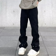 Men Jeans Black Buckle Jeans Baggy Straight Trousers
