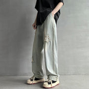 Men Jeans Summer Retro Tattered Jeans Straight Loose Casual Pants