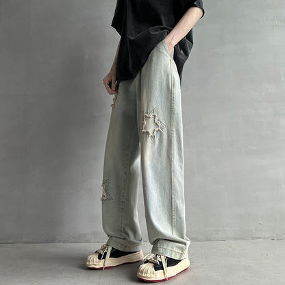 Men Jeans Summer Retro Tattered Jeans Straight Loose Casual Pants