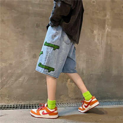 Men Jeans Flocking Denim Shorts Men's Summer Casual Cropped Pants