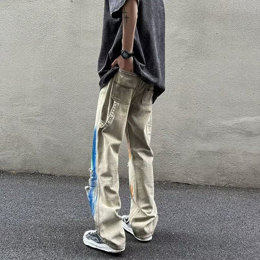 Men Jeans Washed Jeans Ripped Tie-Dye Pants Men Straight-Leg Pants