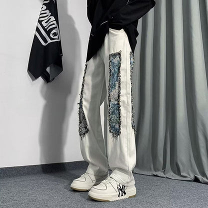 Men Jeans Patchwork Stitching Jeans Loose Straight Trousers