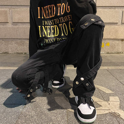 Men Jeans Spring and Autumn Straight Loose Hiphop Bandage Vibe Jeans