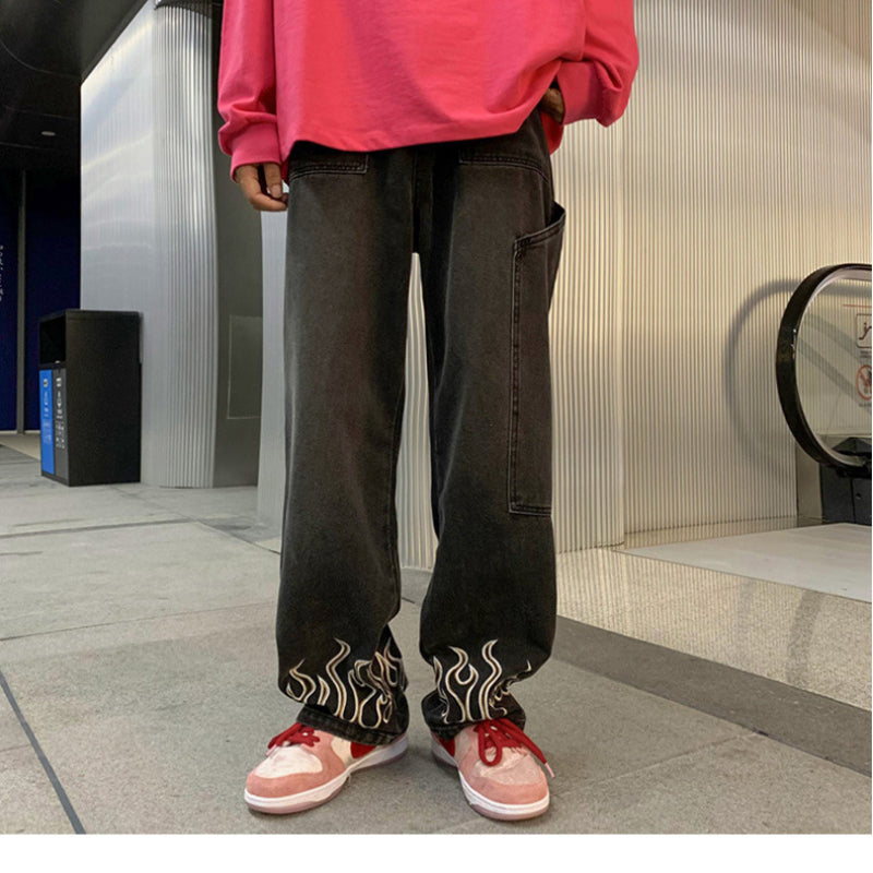 Men Jeans Men's Spring and Autumn Retro Distressed Straight Loose Casual Pants