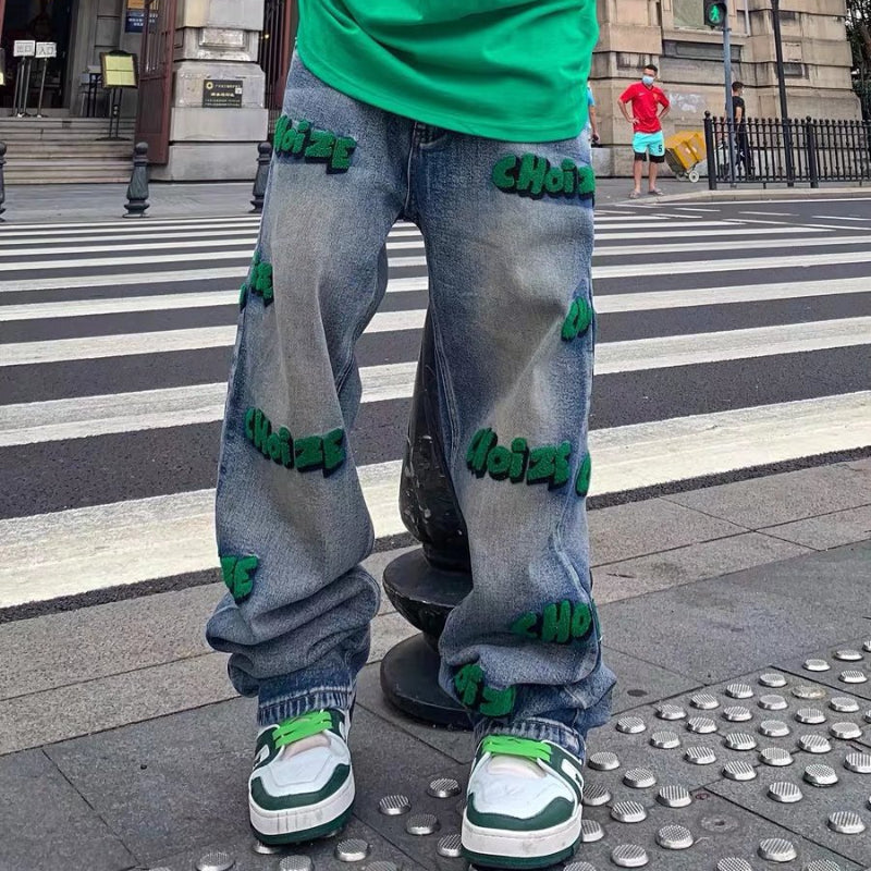 Men Jeans Letter Embroidered Jeans Hiohop Retro Washed Loose Trousers