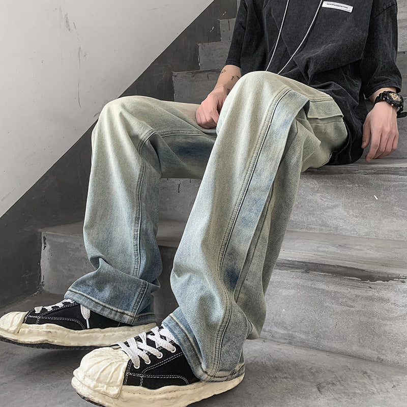 Men Jeans Retro Patchwork Jeans Men's Summer Straight-Leg Trousers
