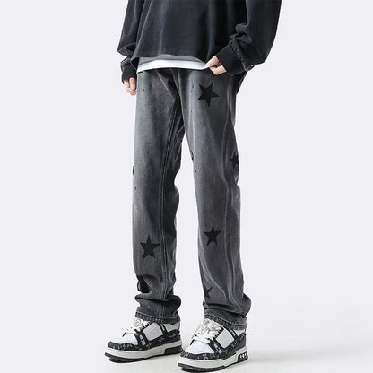 Men Jeans XINGX Printed Jeans Retro Loose Straight-Leg Wide-Leg Pants