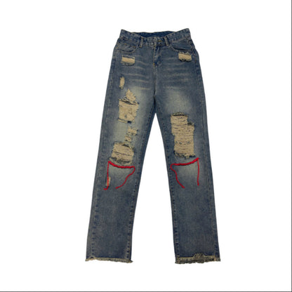 Men Jeans Retro Washed Ripped Embroidered Slim Straight Jeans