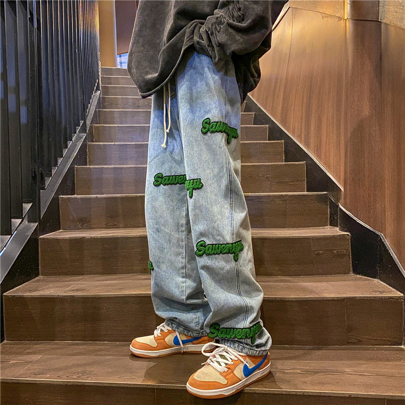 Men Jeans Embroidered Washed-out Vintage Jeans Straight-Leg Pants
