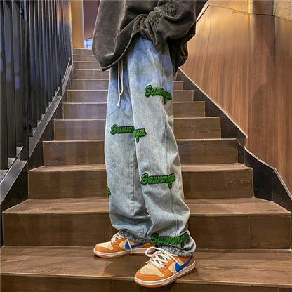 Men Jeans Embroidered Washed-out Vintage Jeans Straight-Leg Pants