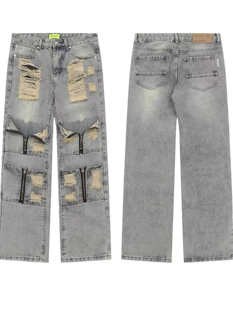 Men Jeans Vintage Distressed Multi-Pocket Straight Jeans