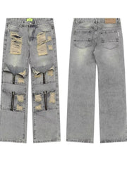 Men Jeans Vintage Distressed Multi-Pocket Straight Jeans