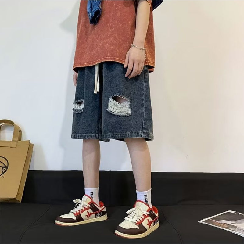 Men Jeans Light Blue Drawstring Ripped Denim Shorts Oversize