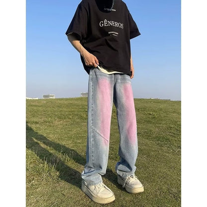 Men Jeans Summer Retro Washed Distressed Loose Straight Casual Trousers
