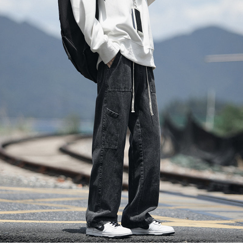 Men Jeans Retro Workwear Jeans Straight Loose plus Size Autumn and Winter Wide-Leg Pants