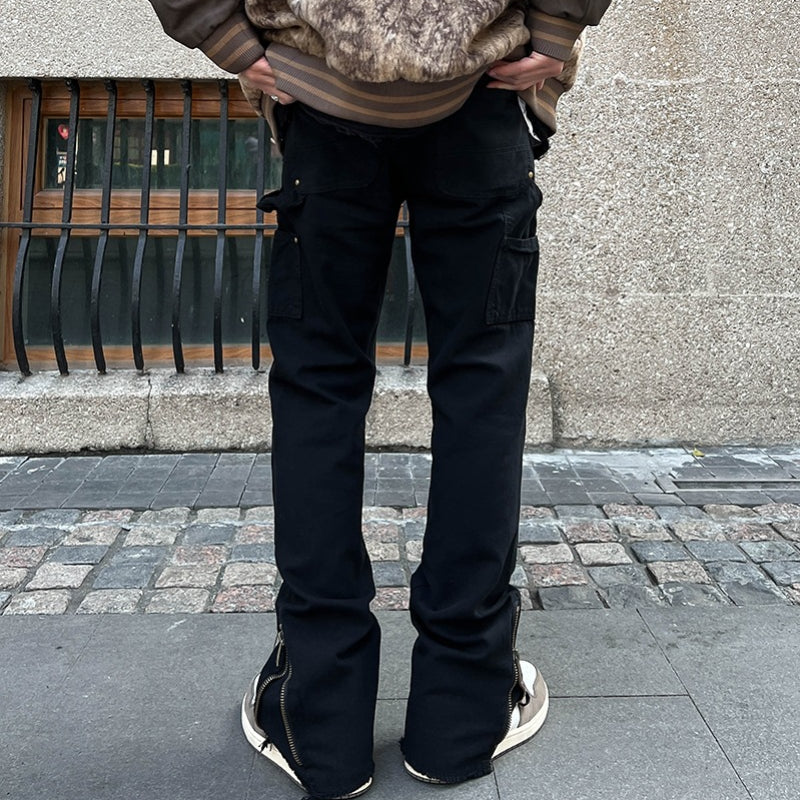 Men Jeans Zipper Slit Casual Pants Loose Straight Bootcut Pants