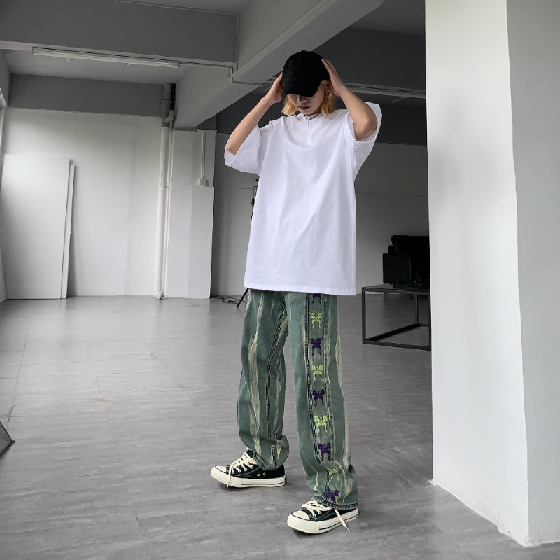 Men Jeans Retro Gradient Butterfly Embroidery Loose Washed-out Straight Wide Leg Pants